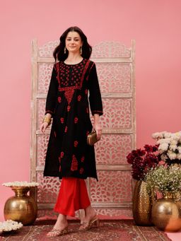 ADA - Black Ethnic Embroidered Lucknowi Chikankari Cotton Kurta