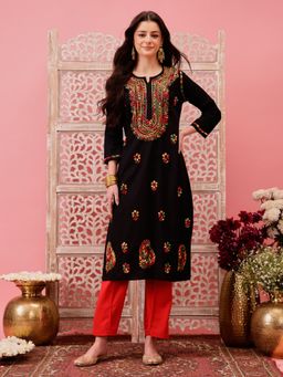 ADA - Black Ethnic Embroidered Lucknowi Chikankari Cotton Kurta