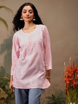 ADA - Baby Pink Embroidered Lucknowi Chikankari Cotton Kurti