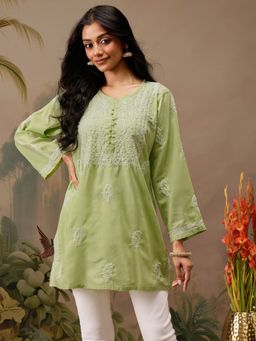 ADA - Green Embroidered Lucknowi Chikankari Cotton Kurti