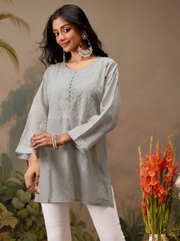 ADA - Grey Embroidered Lucknowi Chikankari Cotton Kurti