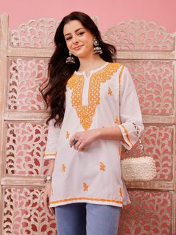 ADA - Hand Embroidered Ethnic Motifs Lucknowi Chikankari White Cotton Kurti