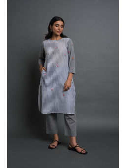 Cyan - Embroidered Cotton Kurta