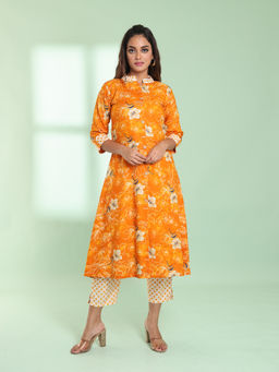 CHARUKRITI - Yellow Rayon Floral Printed A-Line Kurta
