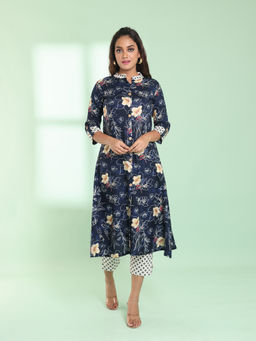 CHARUKRITI - Navy Blue Rayon Floral Printed A-Line Kurta