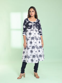 CHARUKRITI - White Cotton Floral Printed Fit & Flare Kurta