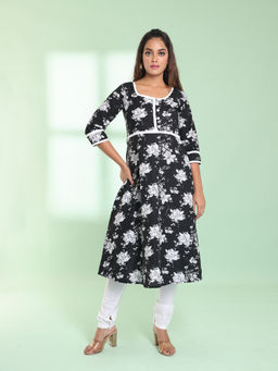 CHARUKRITI - Black Cotton Floral Printed Fit & Flare Kurta