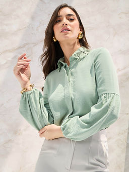 Styli - Women Green Lace Collar Placket Detail Solid Relaxed Fit Shirt