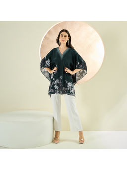 First Resort by Ramola Bachchan - Green Embellished Floral Kaftan Style Top