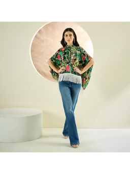 First Resort by Ramola Bachchan - Black And Green Jungle Print Kaftan Style Top