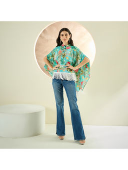 First Resort by Ramola Bachchan - Cyan Blue Green Jungle Print Kaftan Style Top