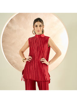First Resort by Ramola Bachchan - Venetian Red Sleeveless High Neck Box Pleated Top