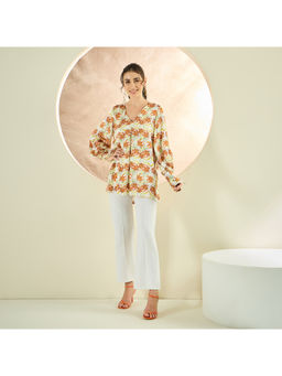 First Resort by Ramola Bachchan - Burnt Multi-Color Wildflower Short Top