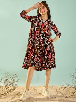Cherry & Jerry - Multicolor Ikat Printed Loose Fit Knee Length Dress