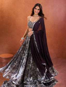 Samyukta Singhania - Silver Lycranet Sweetheart Neck Sequin Work Blouse with Lehenga and Dupatta