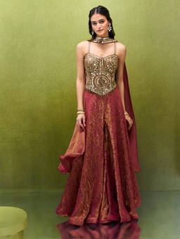 Samyukta Singhania - Pink Jacquard Sweetheart Neck Woven Blouse with Lehenga and Dupatta