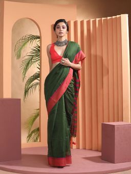 Beatitude - Green Cotton Woven Saree with Unstitched Blouse