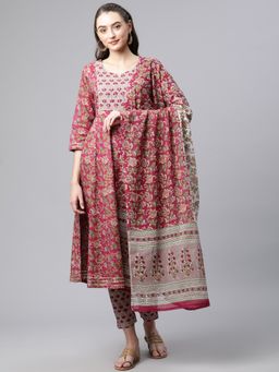Divena - Pink Cotton Anarkali Kurta Pant with Dupatta (Set of 3)