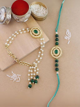 I Jewels - Kundan & Pearl Bhaiya Bhabhi Lumba Rakhis with Roli Chawal (Pack of 2)