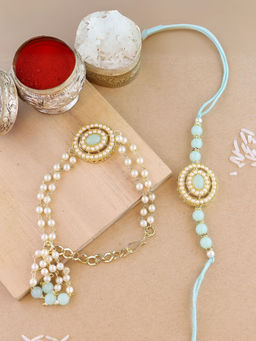 I Jewels - Designer Kundan & Pearl Lumba Rakhis with Roli Chawal (Pack of 2)