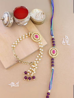 I Jewels - Kundan & Pearl Bhaiya Bhabhi Lumba Rakhis with Roli Chawal (Pack of 2)