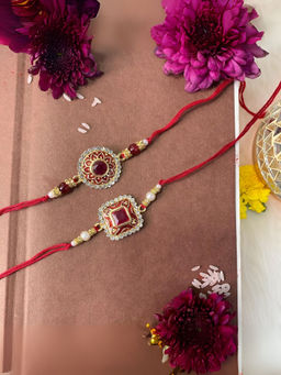 I Jewels - Pearl & Kundan Designer Bhaiya Rakhis with Roli Chawal (Pack of 2)