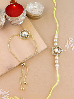 I Jewels - Kundan & Pearl Bhaiya Bhabhi Lumba Rakhis with Roli Chawal (Pack of 2)