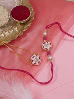 I Jewels - Meenakari Pearl Bhaiya Bhabhi Lumba Bracelet Rakhis with Roli Chawal (Pack of 2)