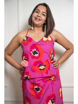 Label Tanvee - Pink Flower Printed Spaghetti Top