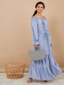 Styli - Blue Long Sleeves Off Shoulder Tiered Maxi Dress