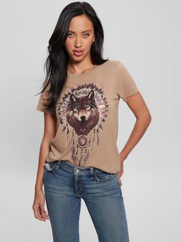 Guess - Women Brown Printed Round Neck Short Sleeves T-Shirt
