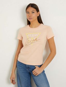 Guess - Peach Pure Cotton Printed Round Neck T-Shirt