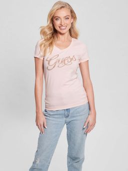Guess - Pink Cotton Blend Embellished Round Neck T-Shirt
