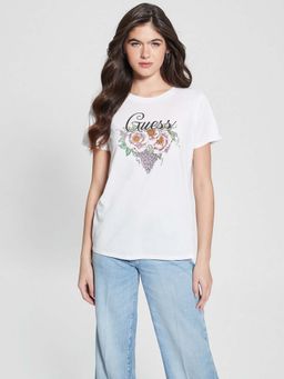 Guess - White Cotton Blend Printed Round Neck T-Shirt