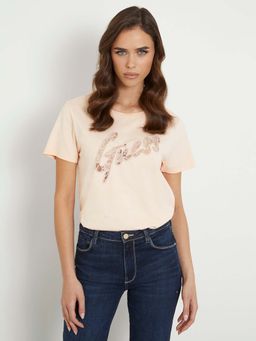 Guess - Peach Pure Cotton Embellished Round Neck T-Shirt