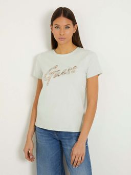 Guess - Mint Pure Cotton Embellished Round Neck T-Shirt
