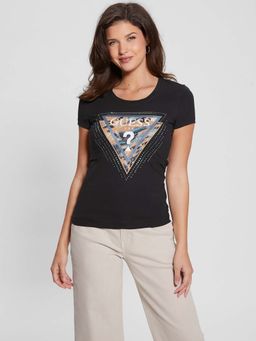 Guess - Black Cotton Blend Printed Round Neck T-Shirt