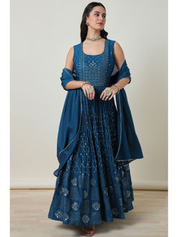 Soch - Teal Anarkali Kurta, Unstitched Sleeves with Churidar and Dupatta (Set of 3)