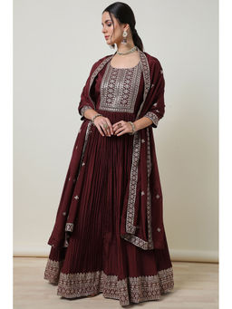 Soch - Maroon Anarkali Kurta, Unstitched Sleeves with Churidar and Dupatta (Set of 3)