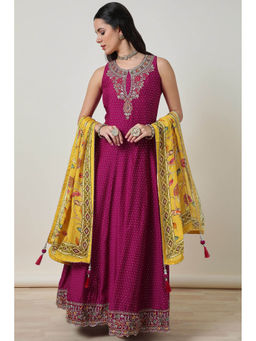 Soch - Magenta Anarkali Kurta, Unstitched Sleeves with Churidar and Dupatta (Set of 3)