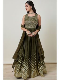 Soch - Olive Green Anarkali Kurta, Unstitched Sleeves with Churidar and Dupatta (Set of 3)