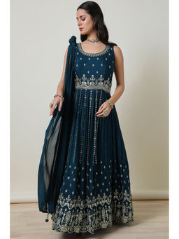 Soch - Blue Anarkali Kurta, Unstitched Sleeves with Churidar and Dupatta (Set of 3)