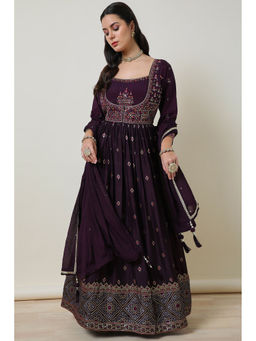 Soch - Wine Anarkali Kurta, Unstitched Sleeves with Churidar and Dupatta (Set of 3)