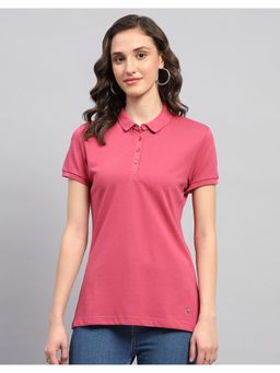 Monte Carlo - Womens Solid Pink Polo Neck Half Sleeve T-Shirt