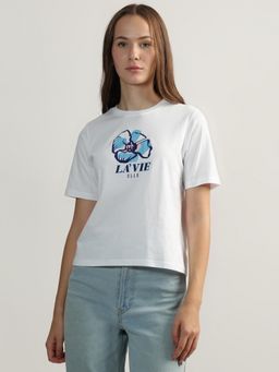 ELLE - Women Off White Printed Round Neck Short Sleeves T-Shirt