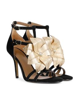Saint G - Gold Flower Embellished Black Leather Stilettos