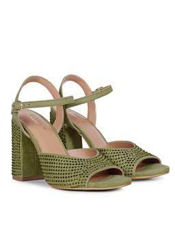 Saint G - Crystal Studs Safari Leather Block Heels