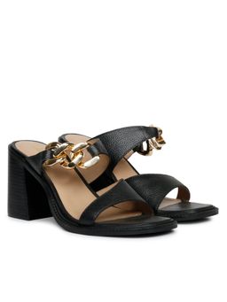 Saint G - Gold Chain Embellished Black Leather Block Heels