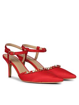 Saint G - Leila Multi Stone Embellished Red Nylon Fabric Mule Heels