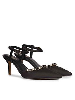 Saint G - Leila Multi Stone Embellished Black Nylon Fabric Mule Heels